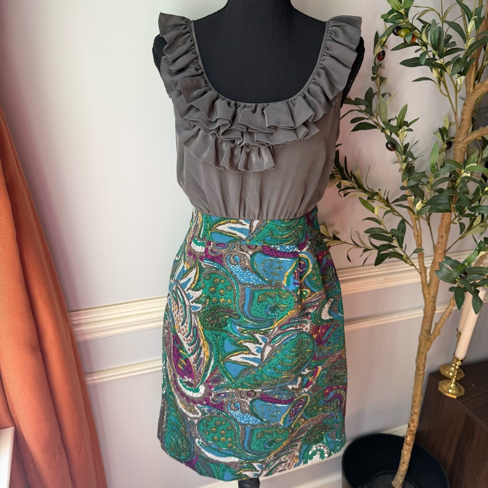 Anthropologie Maeve Silk‎ Bodice Cotton Skirt Paisley Dress Ruffle Neck Size 2